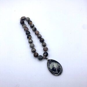 Charles Albert Vintage Orthoceras Fossil Pendant Black & Gray 925 Silver Beaded